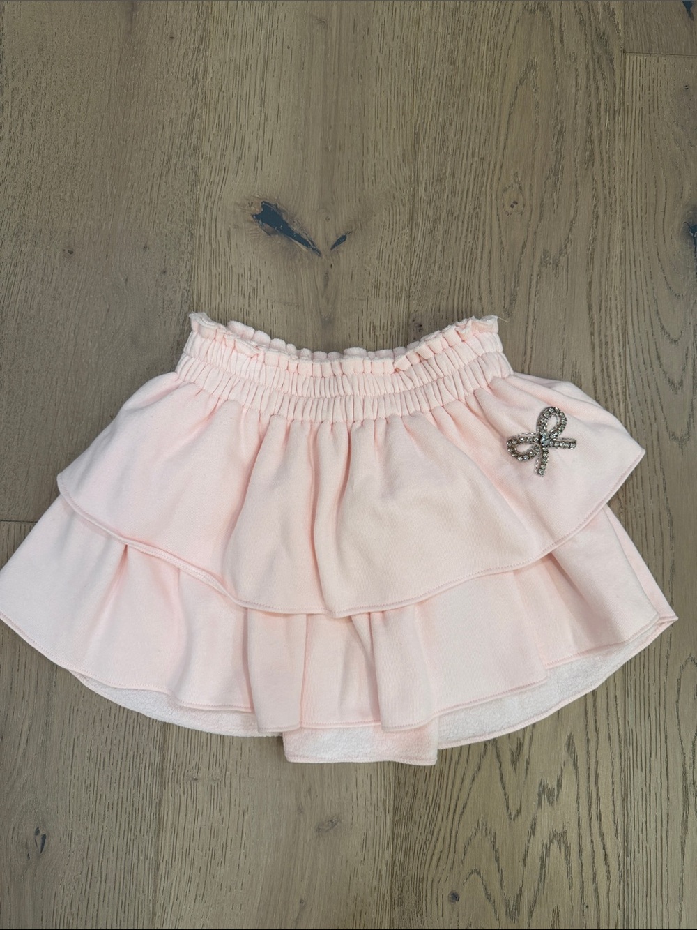 LoveShackFancy Pale Pink Tiered Ruffle Fleece Skirt with Rhinestone Bow